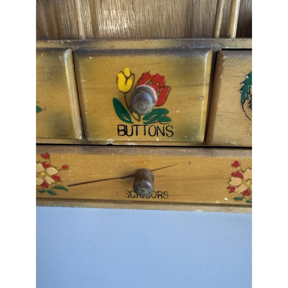 Vintage Wood Wooden Hanging Sewing Box Storage Drawers Painted Flowers